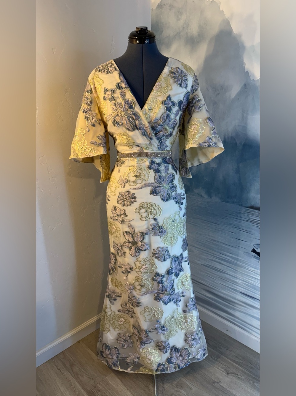 Floral Embroidered Cream Maxi Dress with Flutter Sleeves #413